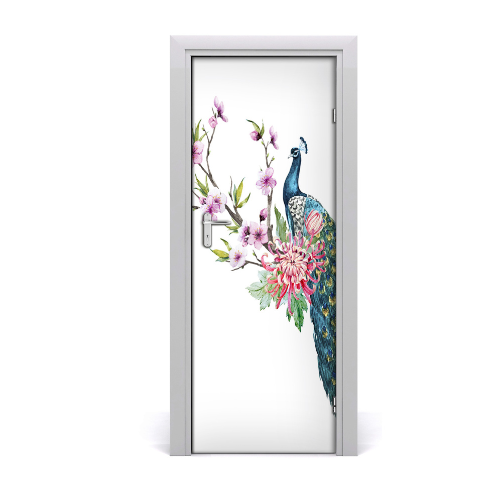 Ajtó tapéta Páva és virágok