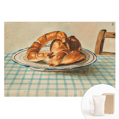Nem szőtt anyagra nyomtatott fotótapéta Croissant-ok egy tányéron egy kockás asztalnál