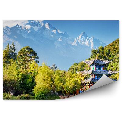 Öntapadós fotótapéta pavilon Ázsia természet növények hófödte hegyek