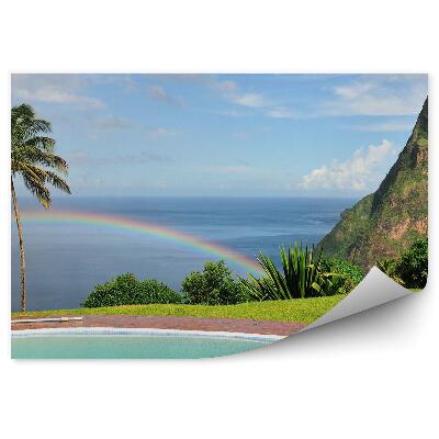 Öntapadó fotótapéta Medence sziklák óceán pálmafák ég felhők szivárvány