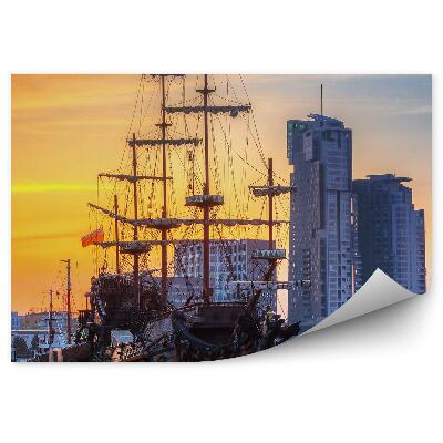 Fotótapéta hajókikötő felhőkarcolók naplemente Gdynia