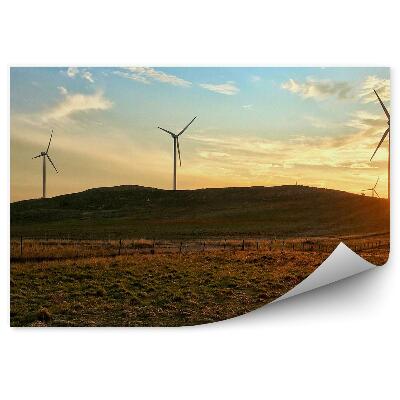 Öntapadós fotótapéta falra Szélmalom turbinák ég felhők naplemente hegyek kerítés fű