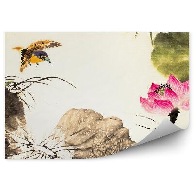 Fotótapéta Rózsaszín lótuszvirág sárga madár szürke levelek kép