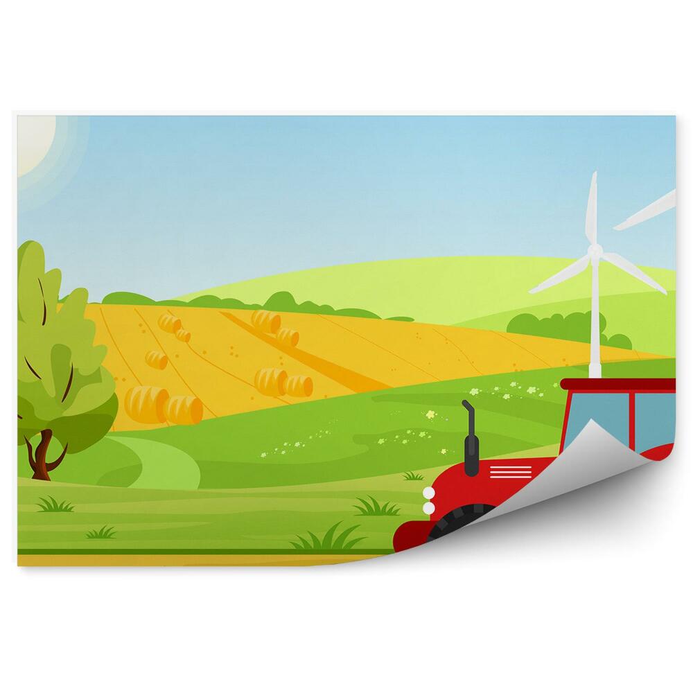 Poszter tapéta Piros traktor szélmalmok fákkal teli mezőn