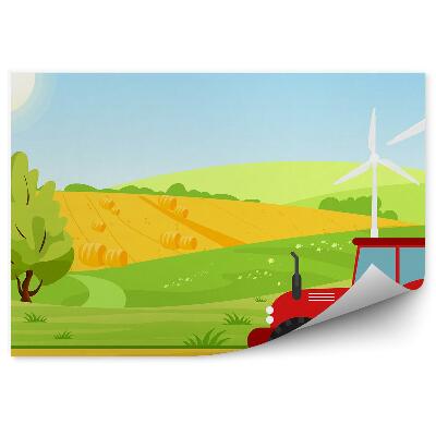 Poszter tapéta Piros traktor szélmalmok fákkal teli mezőn