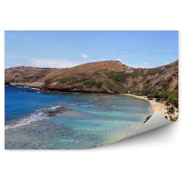 Fotótapéta gyönyörű tengerpart sziget Oahu óceán emberek hegyek pálmafák Hawaii égbolt