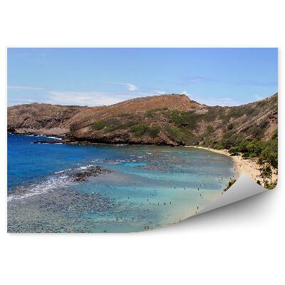 Fotótapéta gyönyörű tengerpart sziget Oahu óceán emberek hegyek pálmafák Hawaii égbolt