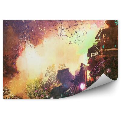 Öntapadó fotótapéta Fantasy táj épület fények fák virágok naplemente