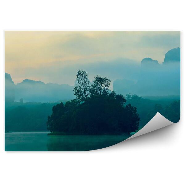 Öntapadós fotótapéta falra Fák növények tó égbolt naplemente