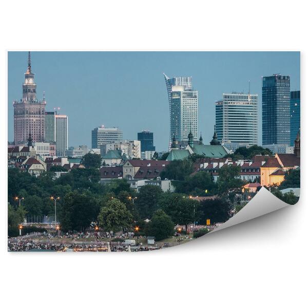 Modern fotótapéta Panoráma Varsó felhőkarcolók épületek út ég felhők csónakok lépcsők éjszaka