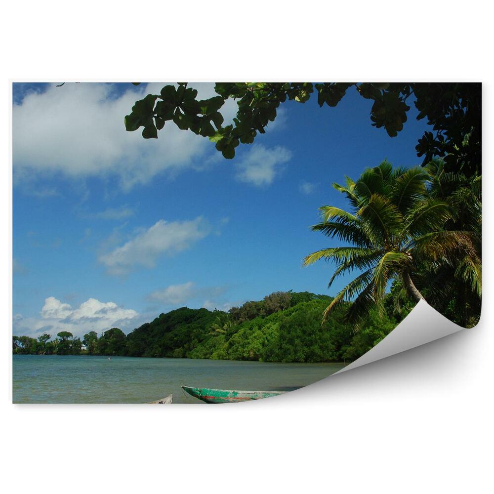 Öntapadós fotótapéta Óceán csónakok hegyek pálmafák ég felhők