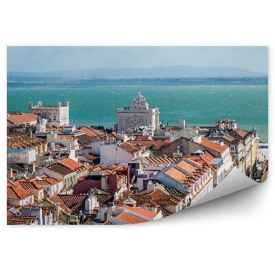 Fotótapéta légi felvétel Lisszabon épületei óceán hegyek felhők