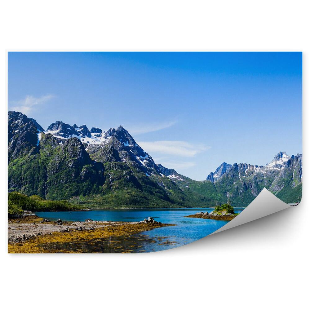 Modern fotótapéta Panoráma hegyek téli hó zöld kutya épület tó