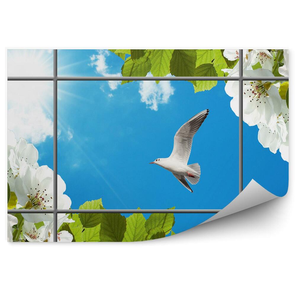 Fotótapéta Fehér madár virágzó fa kék ég