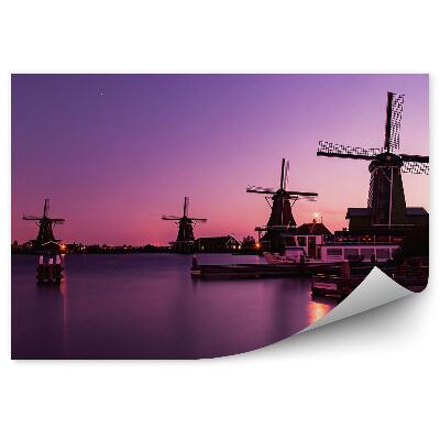 Fotótapéta Hajó kikötő vízi szélmalmok naplemente