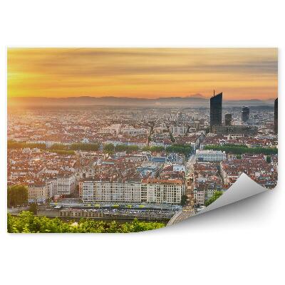 Poszter tapéta A légi felvétel a város felhőkarcolók fák növények naplemente folyó