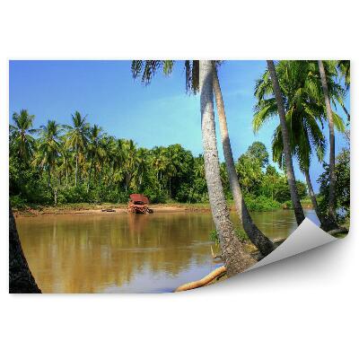 Öntapadó fotótapéta Hajó kunyhó pálmafák folyó folyik égen