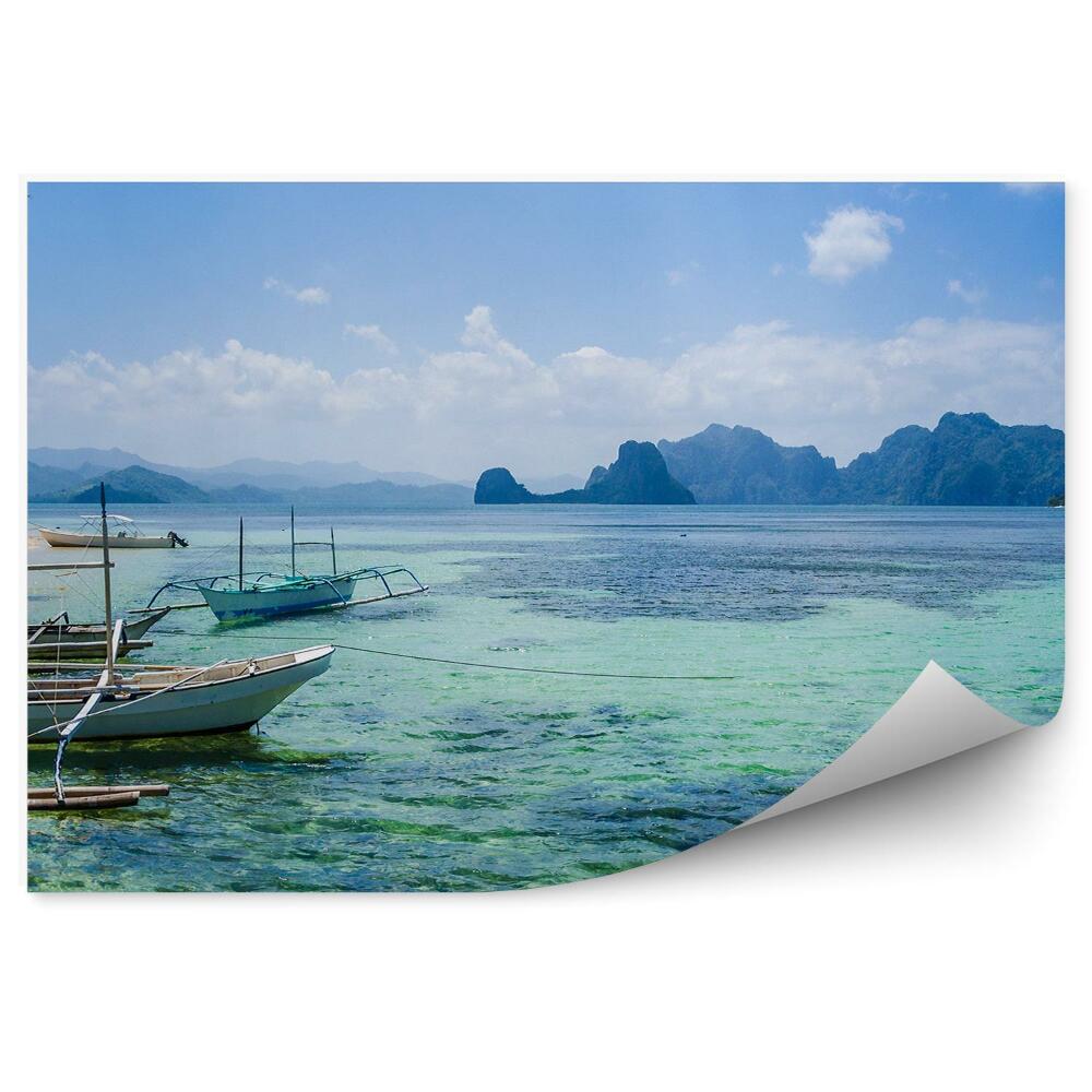 Poszter tapéta Csónak tiszta víz pálmafák homokos strand