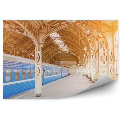 Fotótapéta Retro vasútállomás kék személyvonat