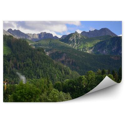 Öntapadó fotótapéta Tengeri hegyek Oko Tatra hegység tűlevelű fák emberek ég felhők villa Antałówka