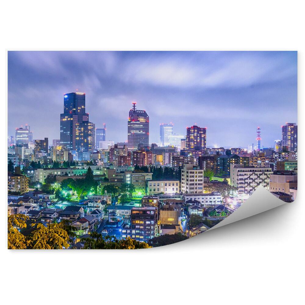 Fotótapéta felhőkarcolók épületek éjszaka Tokió Japán fákat világít