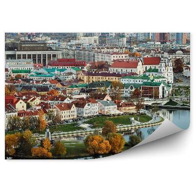 Öntapadós fotótapéta Panoráma Minszk városára, épületekre, fákra, hidakra, autókra, naplementére