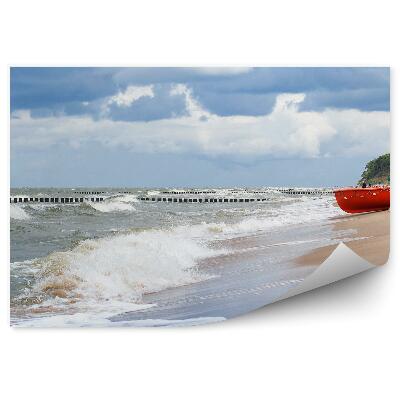 Fotótapéta Tengeri hullámok felhős ég homok csónak