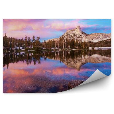 Öntapadós fotótapéta Nemzeti park hegy hó karácsonyfa tükröződik vízben