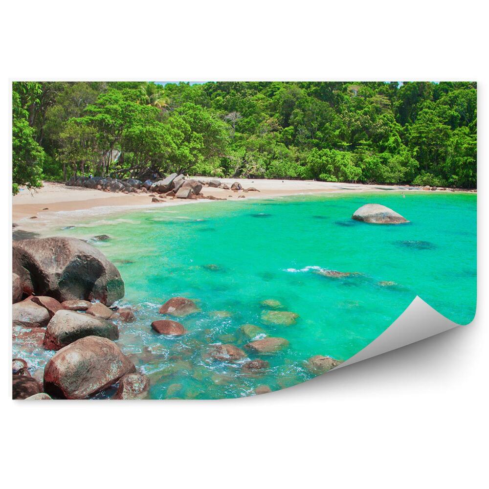 Kép tapéta Homokos tengerpart, sziklák, zöld fák