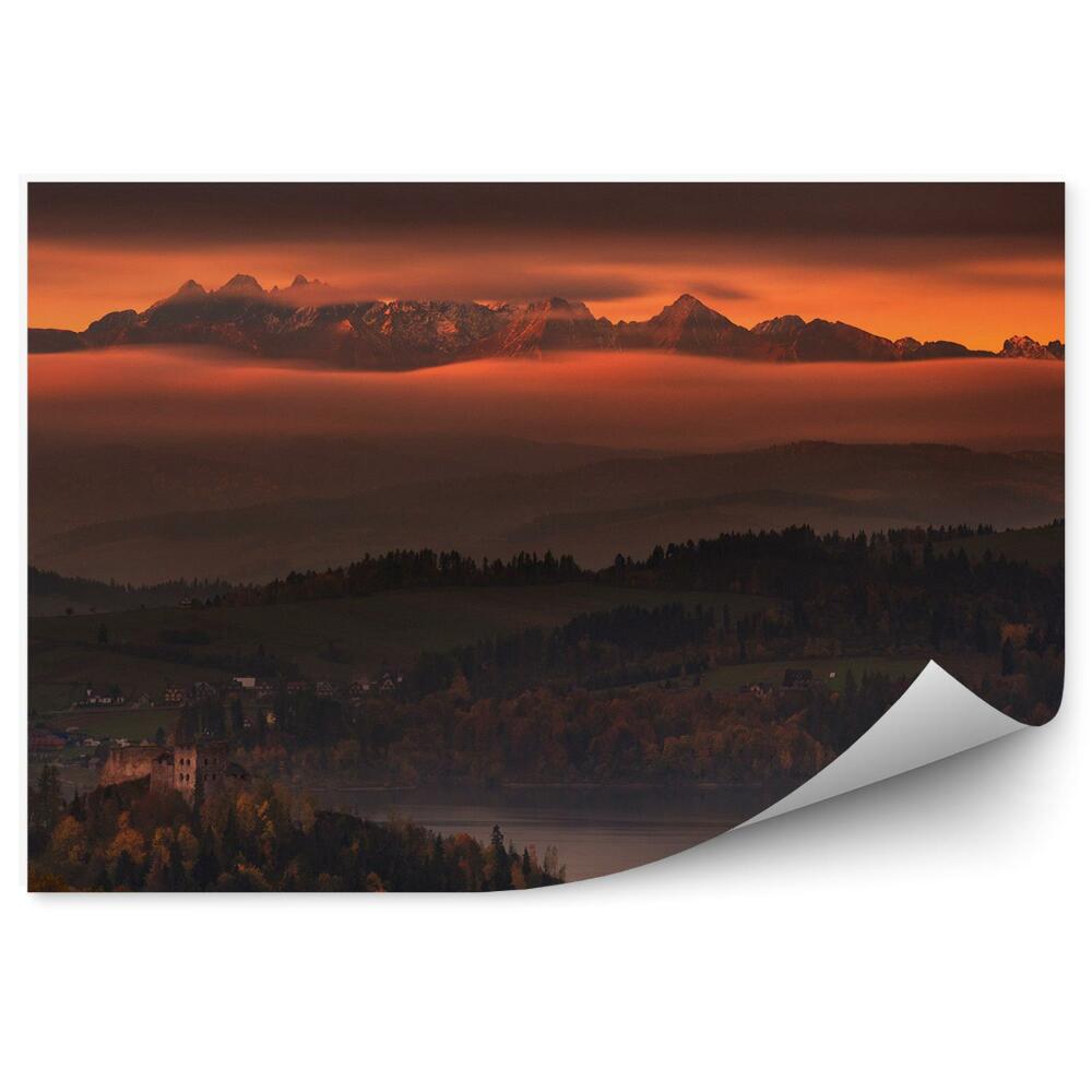 Öntapadó fotótapéta Őszi naplemente hegyek tó házak kastély Tátra hegység