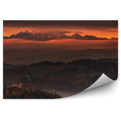 Öntapadó fotótapéta Őszi naplemente hegyek tó házak kastély Tátra hegység