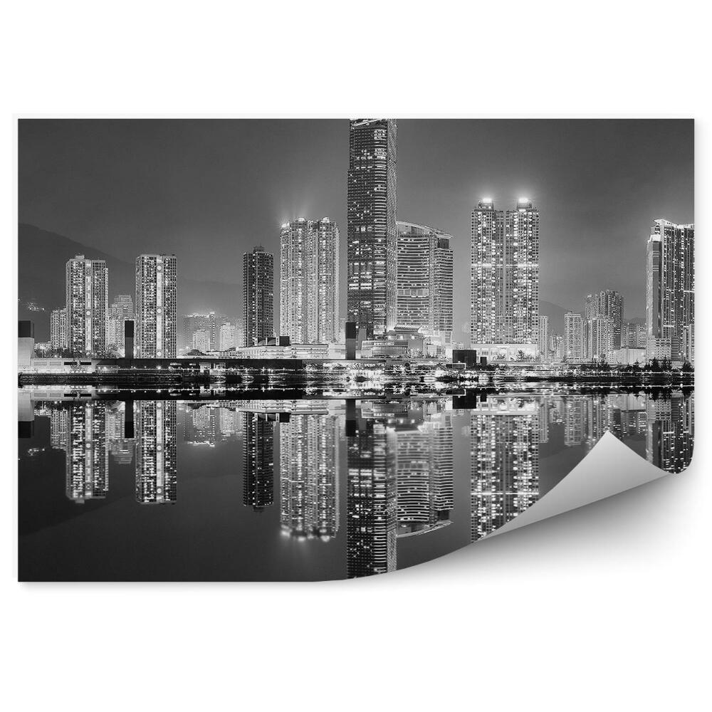 Fotótapéta Fekete-fehér Hong Kong felhőkarcolók árnyékok fények