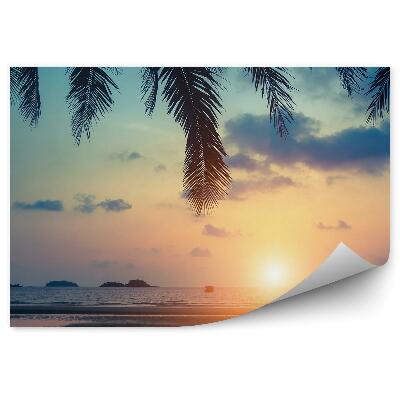 Öntapadó fotótapéta Trópusi tengerpart tengeri hajók pálmafák sziklák ég felhők