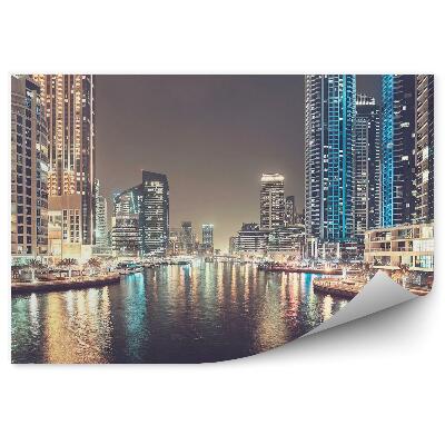 Poszter tapéta felhőkarcolók fények kikötő pálmafák sétány Dubai