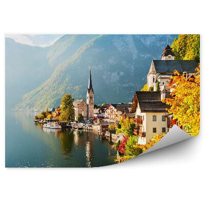 Öntapadós fotótapéta falra Hallstatt falu osztrák Alpok fák őszi tó
