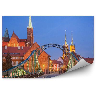 Fotótapéta Ostrów Tumski Wrocław híd lakatok katedrális szobrok járda felhők