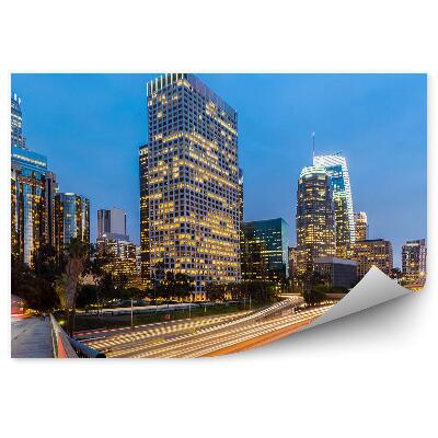 Poszter tapéta Los Angeles-i felhőkarcolók, fények, autópálya, forgalom