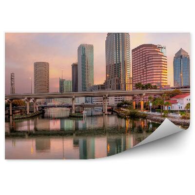 Fotótapéta Felhőkarcolók tengeri híd naplemente