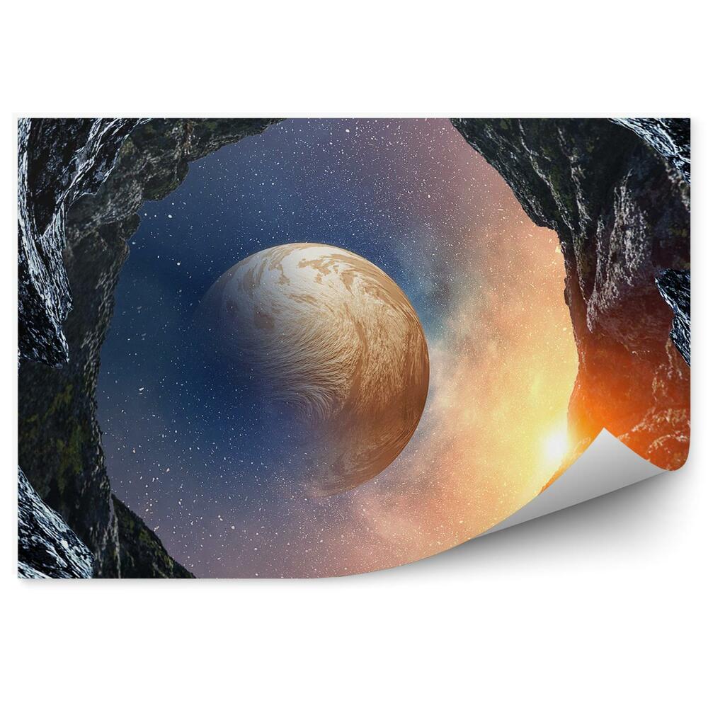 Öntapadó fotótapéta Bolygó nap sziklák ég csillagok világűr galaxis