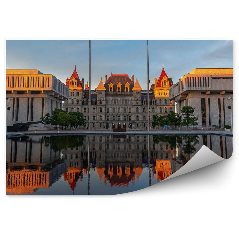 Poszter tapéta Brooklyn Bridge felhőkarcolók folyó naplemente New York fák felhők