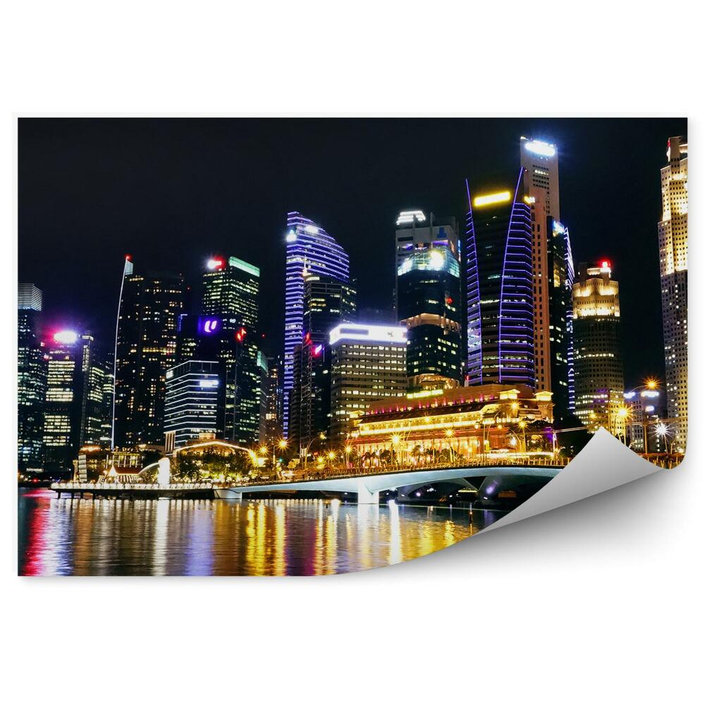 Fotótapéta felhőkarcolók híd óceán éjszaka szingapúr