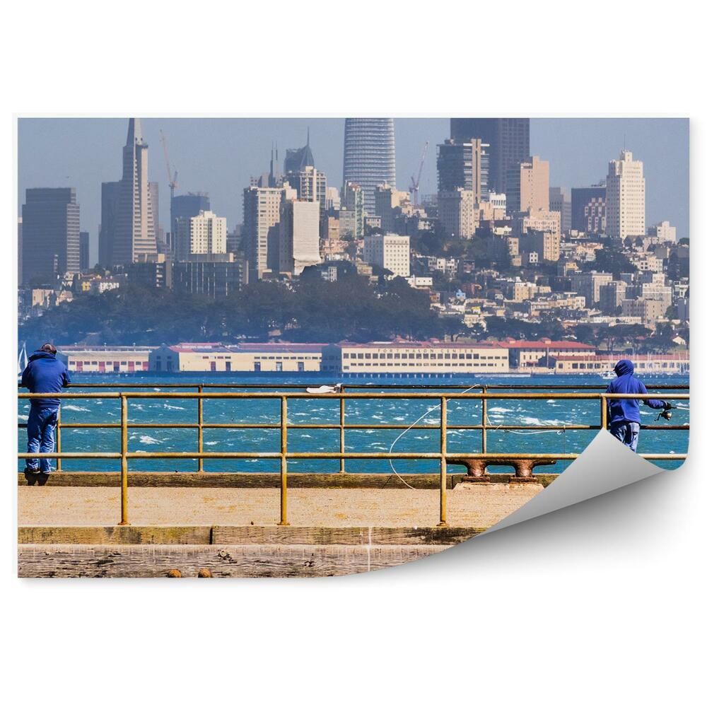 Modern fotótapéta Felhőkarcolók házak fák emberek Pier óceán