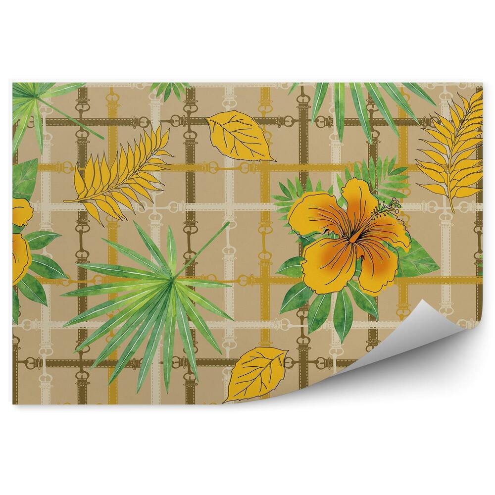 Fotótapéta Sárga virágok, levelek, színes csíkok