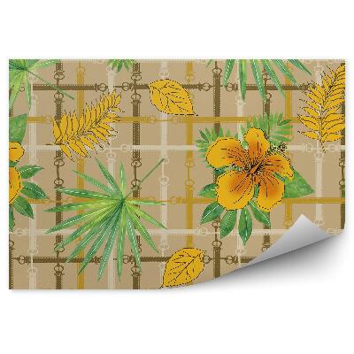 Fotótapéta Sárga virágok, levelek, színes csíkok