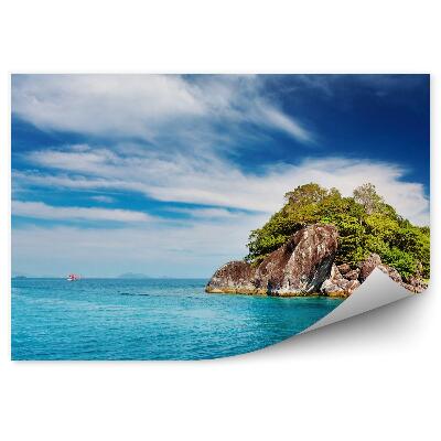Öntapadó fotótapéta Sziklák, sziget, hajó, kék víz, horizont, hegyek