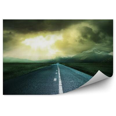 Öntapadós fotótapéta falra Road fű hegyek hó téli naplemente