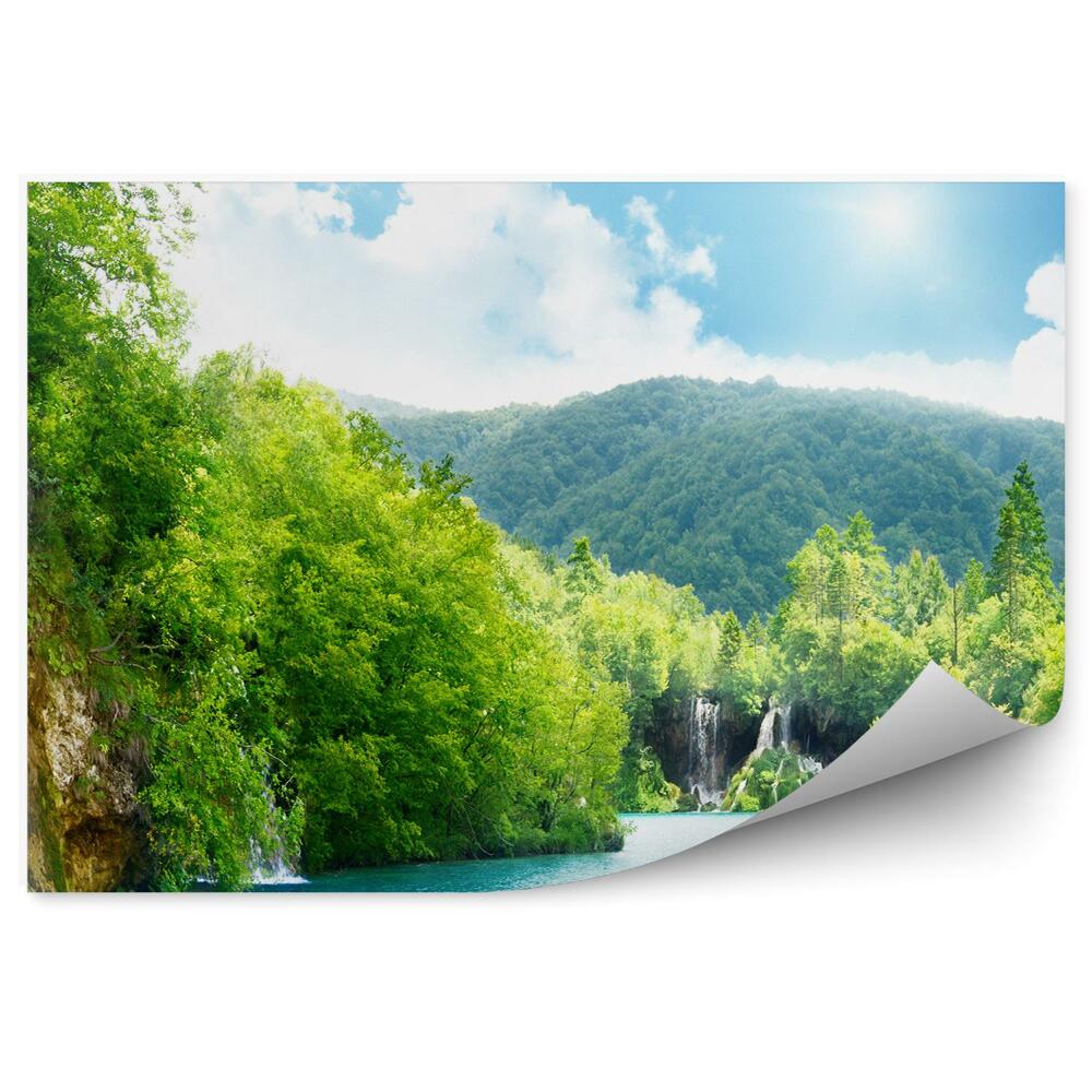 Fotótapéta hegy erdő vízesés kék víz