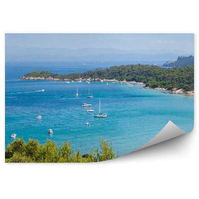 Öntapadós fotótapéta falra Panorámás kilátás egy szigetre Franciaországban növények jachtok óceán ég felhők nap