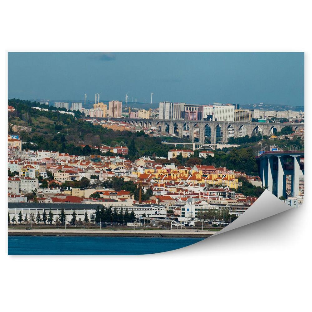 Poszter tapéta épületek vízvezeték fák csónak égbolt Lisszabon