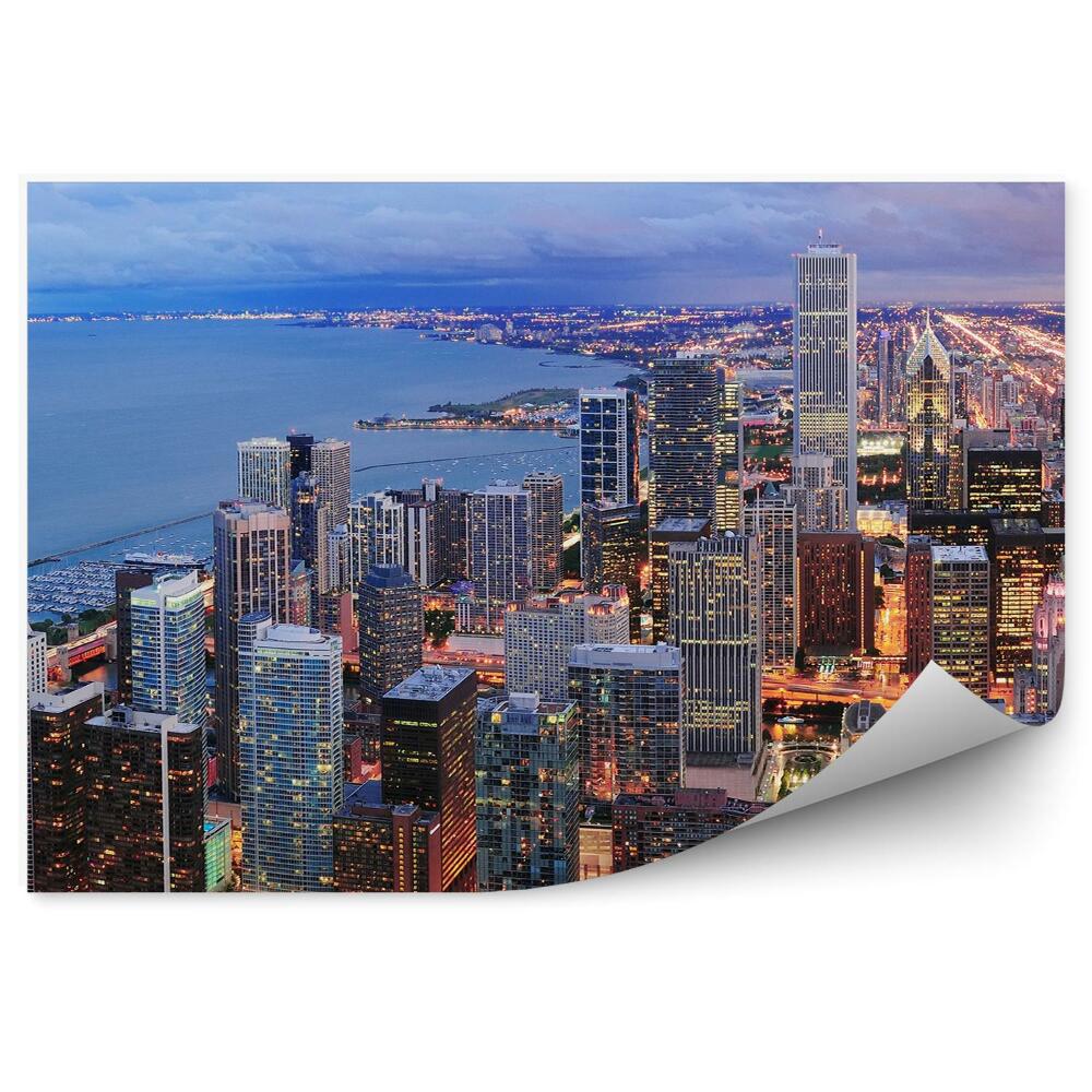 Poszter tapéta Chicago légi felvétel felhőkarcolók felhők fények óceán